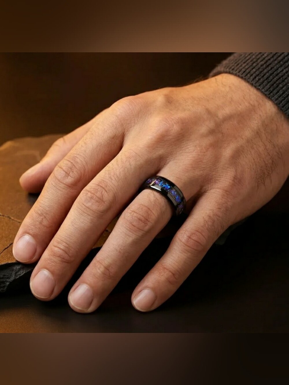 Men's Tungsten Carbide Ring Black w Blue-Violet Opal Inlay Wedding Band. S 10